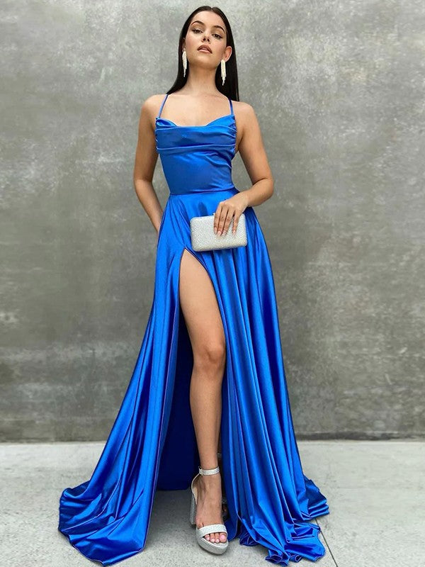 A-Line/Princess Elastic Woven Satin Ruched Spaghetti Straps Sleeveless Sweep/Brush Train Dresses